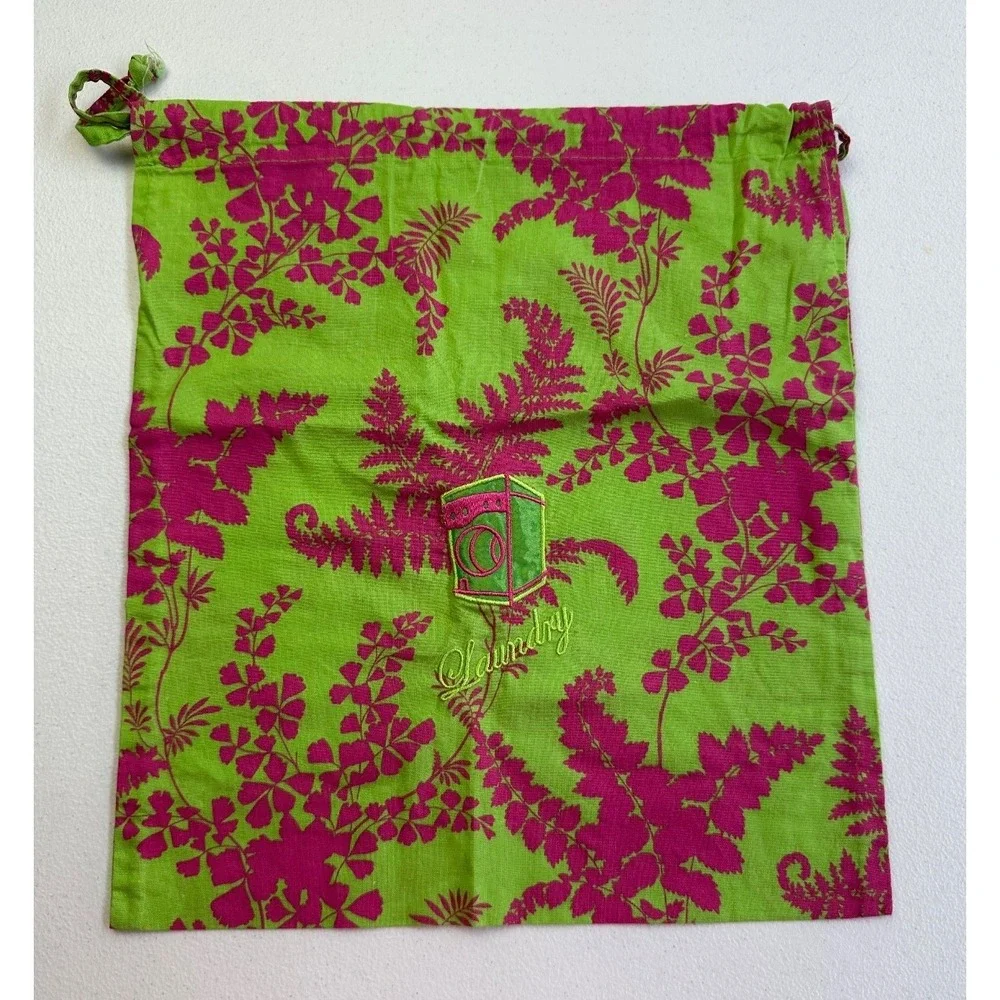 Once Upon A Rose Pink Green Print Drawstring Laundry Bag 12x14 Embroidered